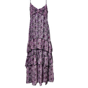 Bar 111 Maxi Dress SZ M Purple Snake Print Babydoll Straps Fairy Flowy Tiered Y2